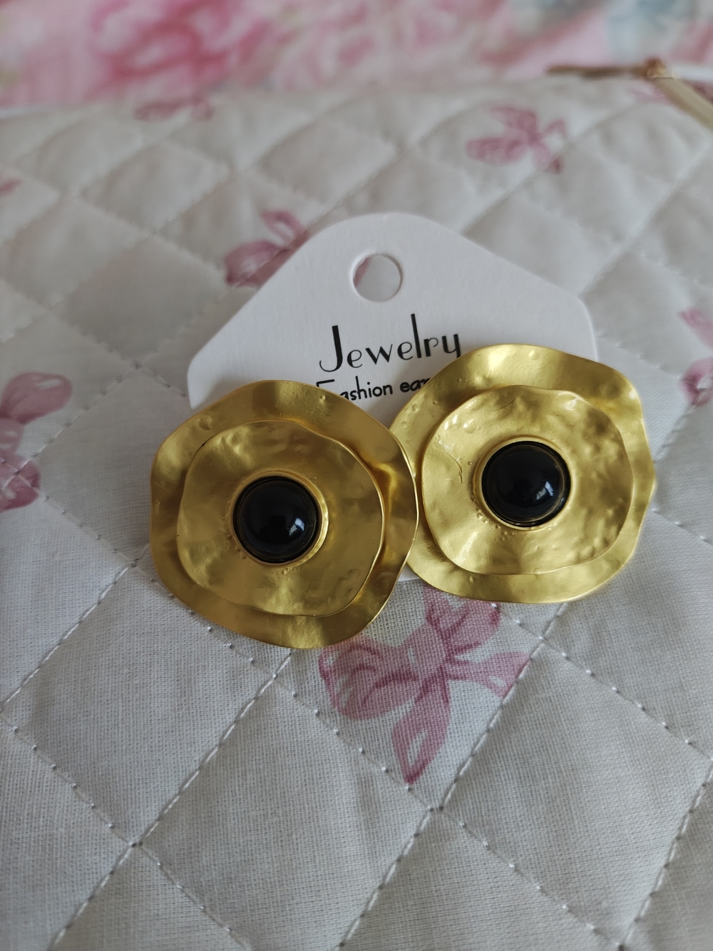 Gold-Tone Flower Disc Earrings with Black Center by